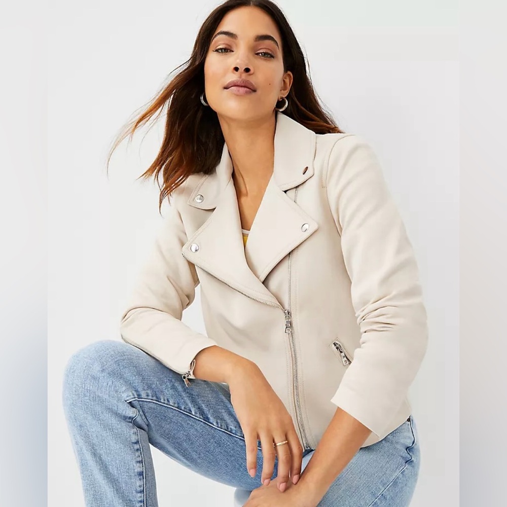 NWT Ann Taylor Petite Double Knit Khaki Moto Jacket Size 0P
